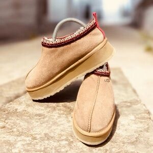 UGG Brown Suede Slippers with Red Accents